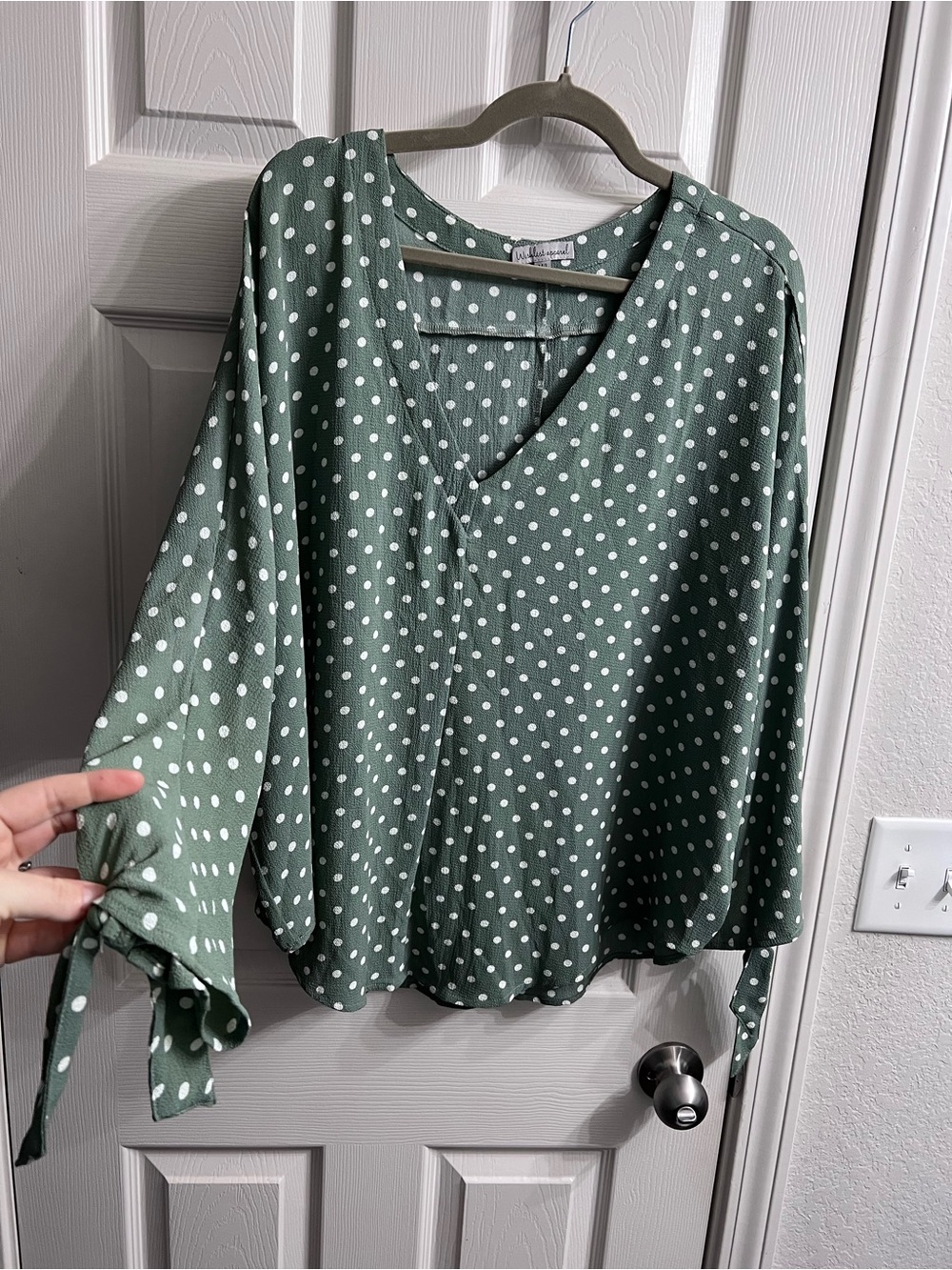 Sage Green Polka Dot V-Neck Blouse with Tie Sleeves